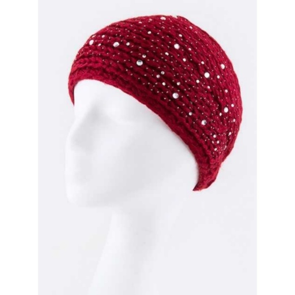 Simple Feather Boutique Accessories - Red Clustered Crystals Wide Knit Hair Wrap